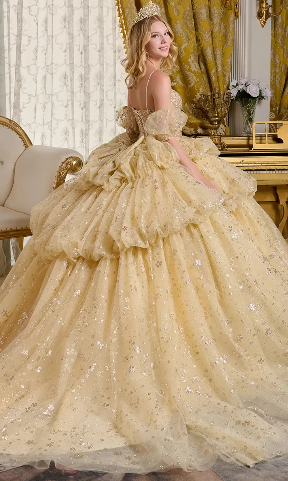 Elizabeth K GL3646 - V-Neck Floral Glitter Quinceanera Gown Quinceanera Dresses