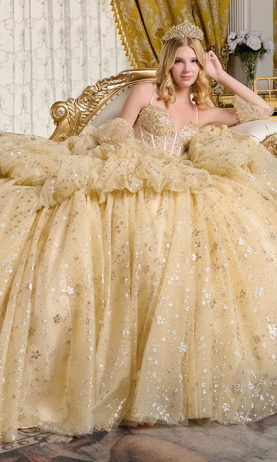 Elizabeth K GL3646 - V-Neck Floral Glitter Quinceanera Gown Quinceanera Dresses