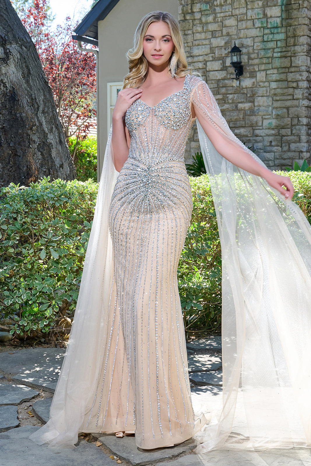 Elizabeth K GL3666 - Sheer Cape Beaded Long Gown Mother of the Bride Dresses in Neutral
