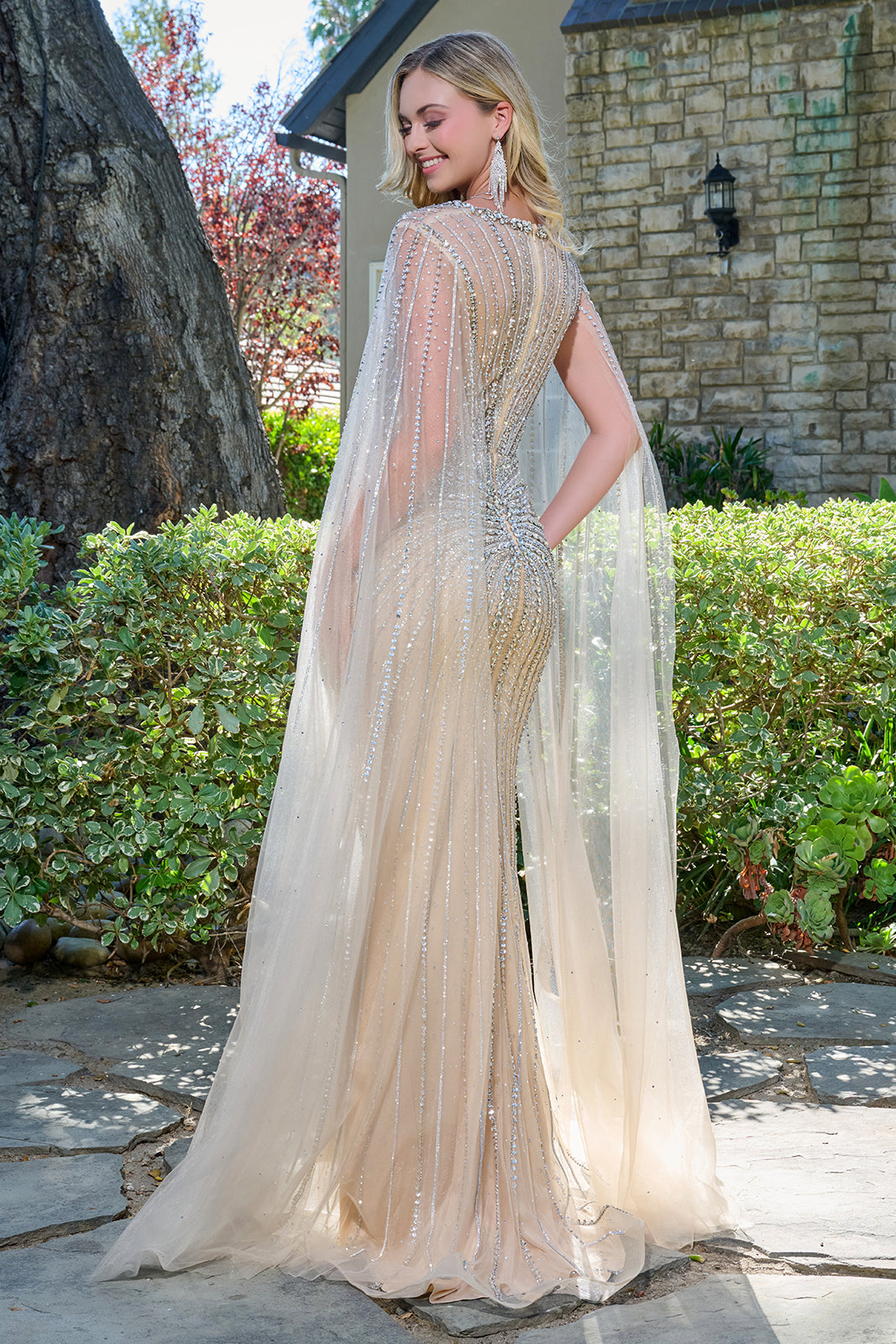 Elizabeth K GL3666 - Sheer Cape Beaded Long Gown Mother of the Bride Dresses in Neutral