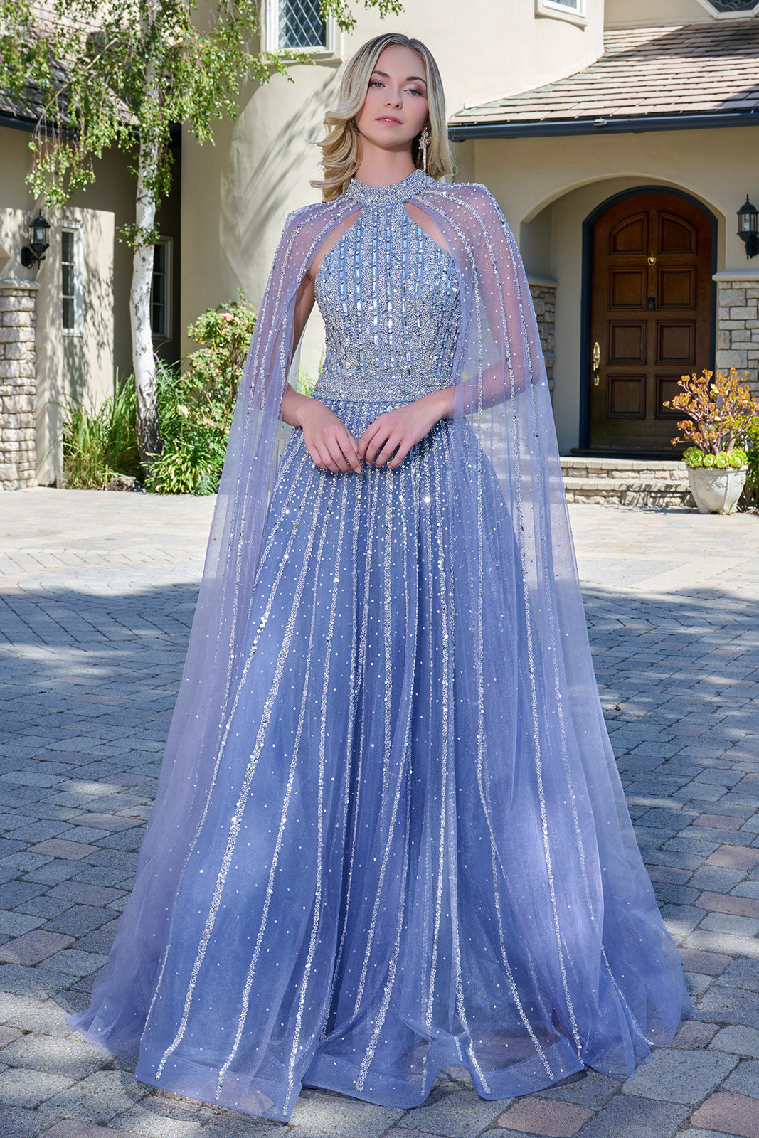Elizabeth K GL3669 - Raglan Cape Sleeve A-Line Tulle Gown Mother of the Bride Dresses in Blue