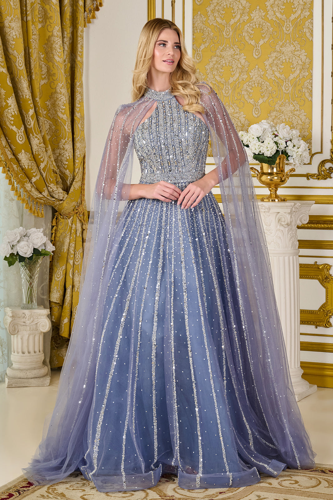 Elizabeth K GL3669 - Raglan Cape Sleeve A-Line Tulle Gown Mother of the Bride Dresses in Blue