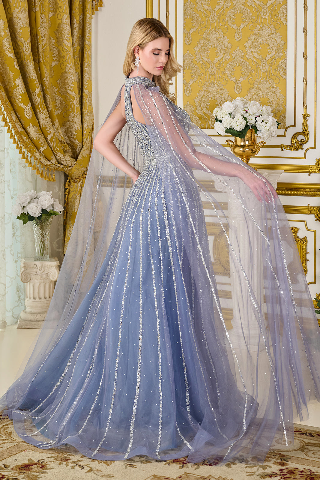 Elizabeth K GL3669 - Raglan Cape Sleeve A-Line Tulle Gown Mother of the Bride Dresses in Blue