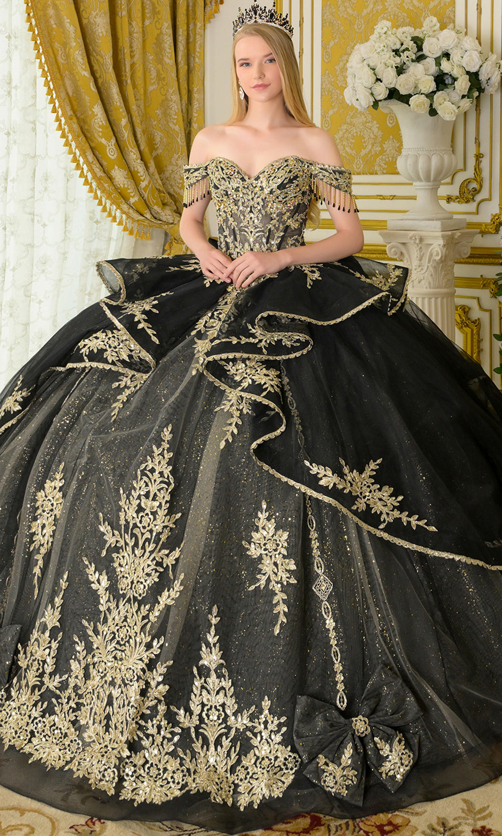 Elizabeth K GL3670 - Lace Applique Tulle Ballgown with Bow Accents Quinceanera Dresses in Black