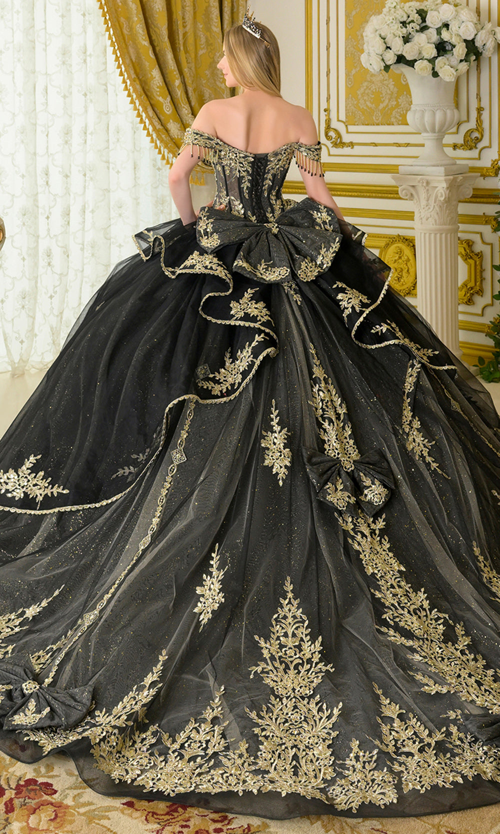 Elizabeth K GL3670 - Lace Applique Tulle Ballgown with Bow Accents Quinceanera Dresses in Black