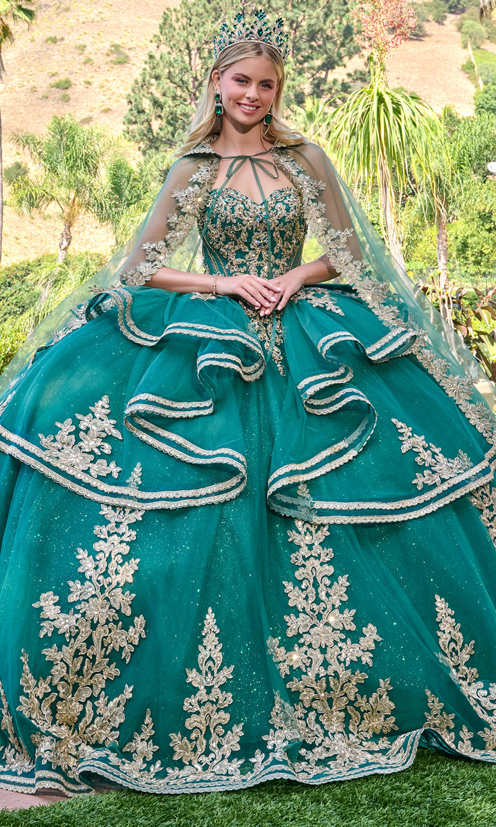Elizabeth K GL3671 - Sweetheart Lace Applique Gown with Cape Train Quinceanera Dresses in Green