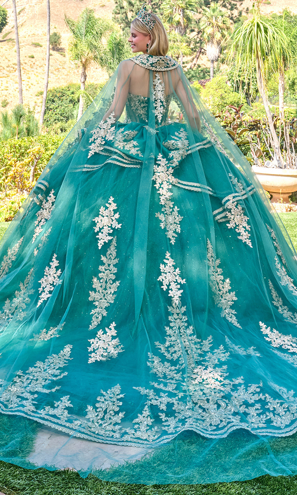 Elizabeth K GL3671 - Sweetheart Lace Applique Gown with Cape Train Quinceanera Dresses in Green