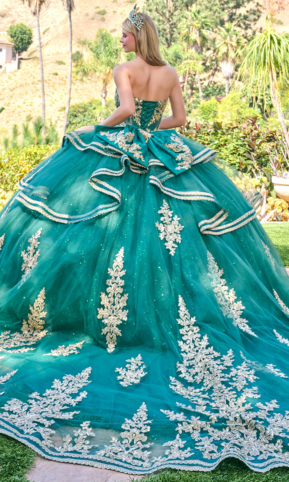 Elizabeth K GL3671 - Sweetheart Lace Applique Gown with Cape Train Quinceanera Dresses in Green