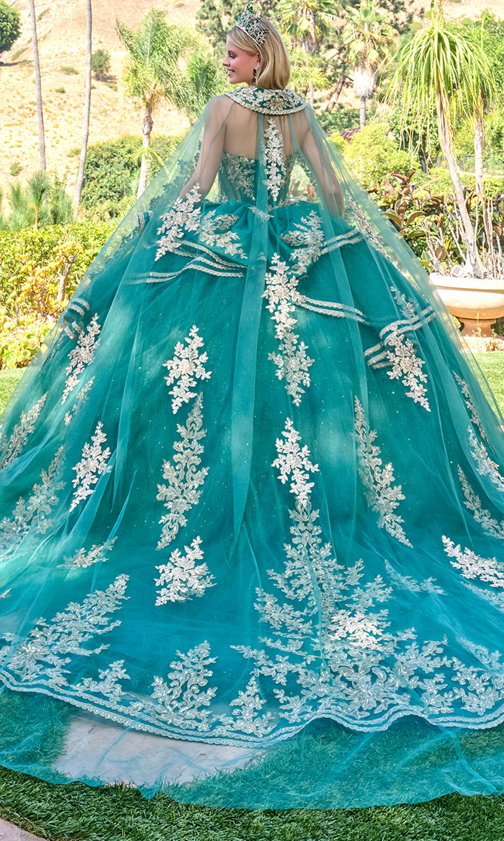 Elizabeth K GL3671 - Sweetheart Lace Applique Gown with Cape Train Quinceanera Dresses in Green