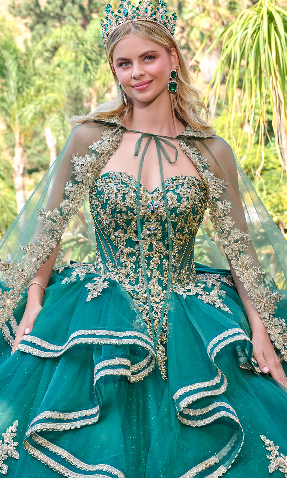 Elizabeth K GL3671 - Sweetheart Lace Applique Gown with Cape Train Quinceanera Dresses in Green