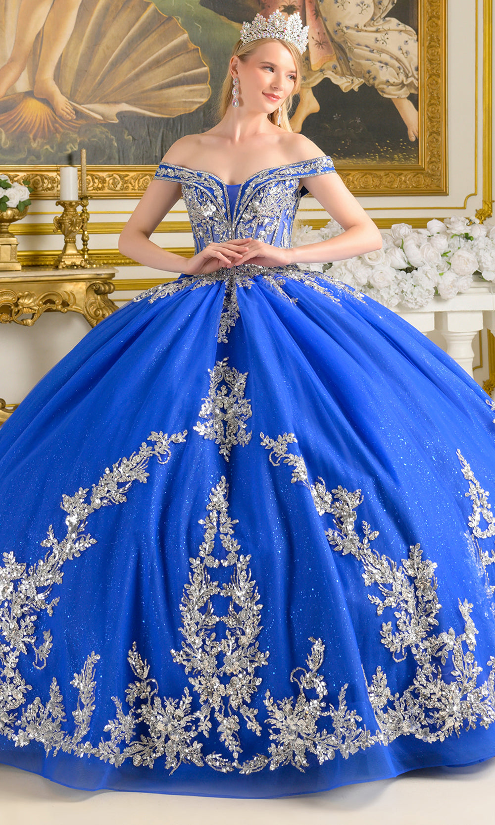 Elizabeth K GL3672 - Lace-Up Back Voluminous Tulle Gown Quinceanera Dresses in Blue and Silver