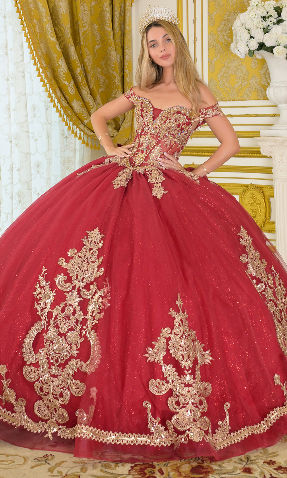 Elizabeth K GL3673 - Illusion Corset Embroidered Applique Ballgown Quinceanera Dresses in Red and Gold