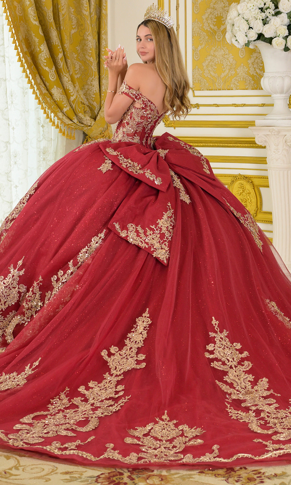 Elizabeth K GL3673 - Illusion Corset Embroidered Applique Ballgown Quinceanera Dresses in Red and Gold