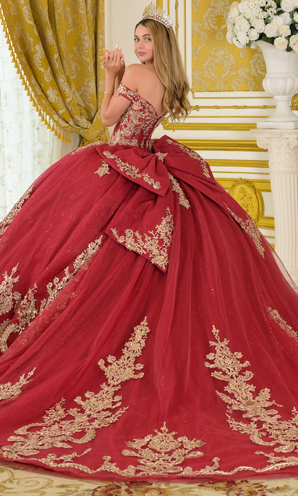 Elizabeth K GL3673 - Illusion Corset Embroidered Applique Ballgown Quinceanera Dresses in Red and Gold