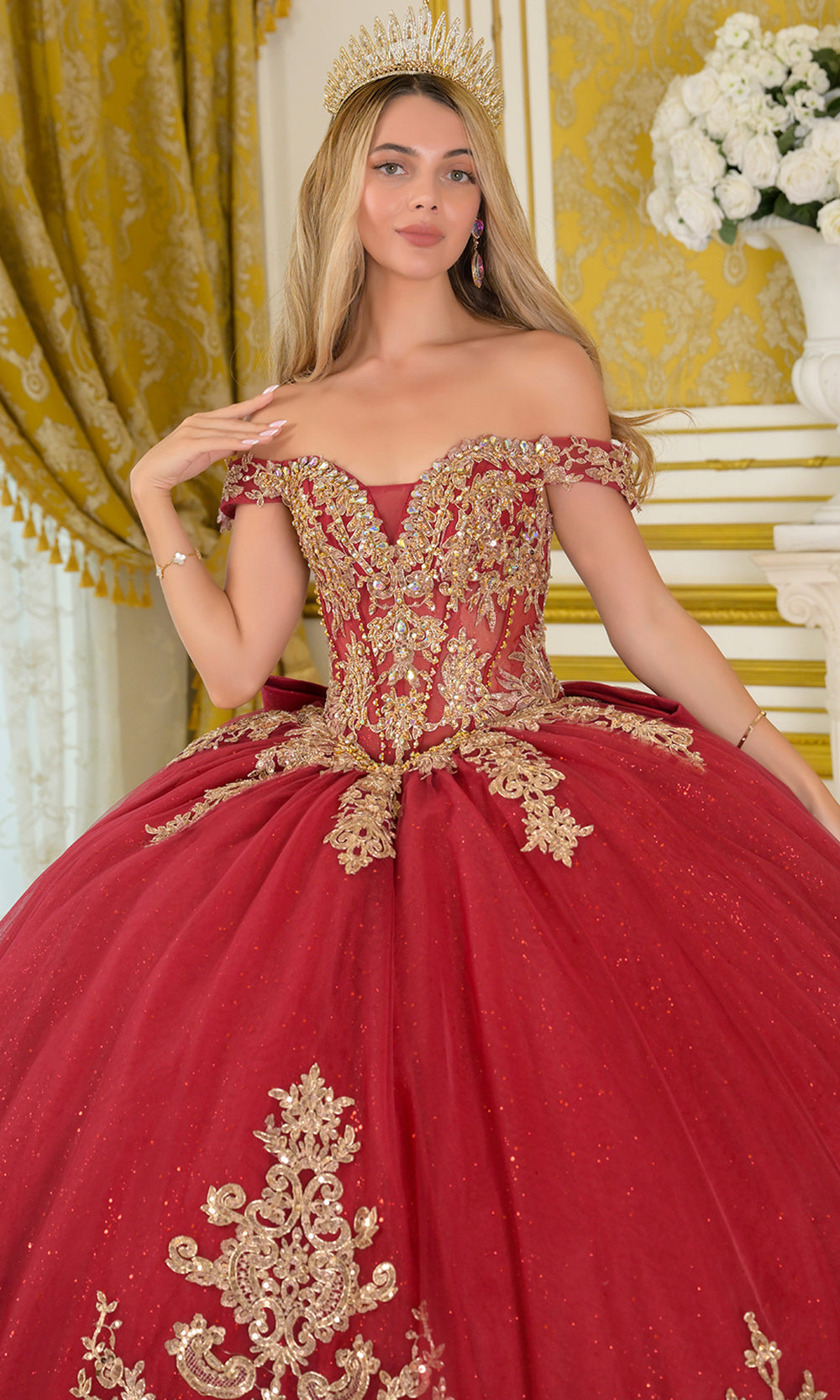 Elizabeth K GL3673 - Illusion Corset Embroidered Applique Ballgown Quinceanera Dresses in Red and Gold