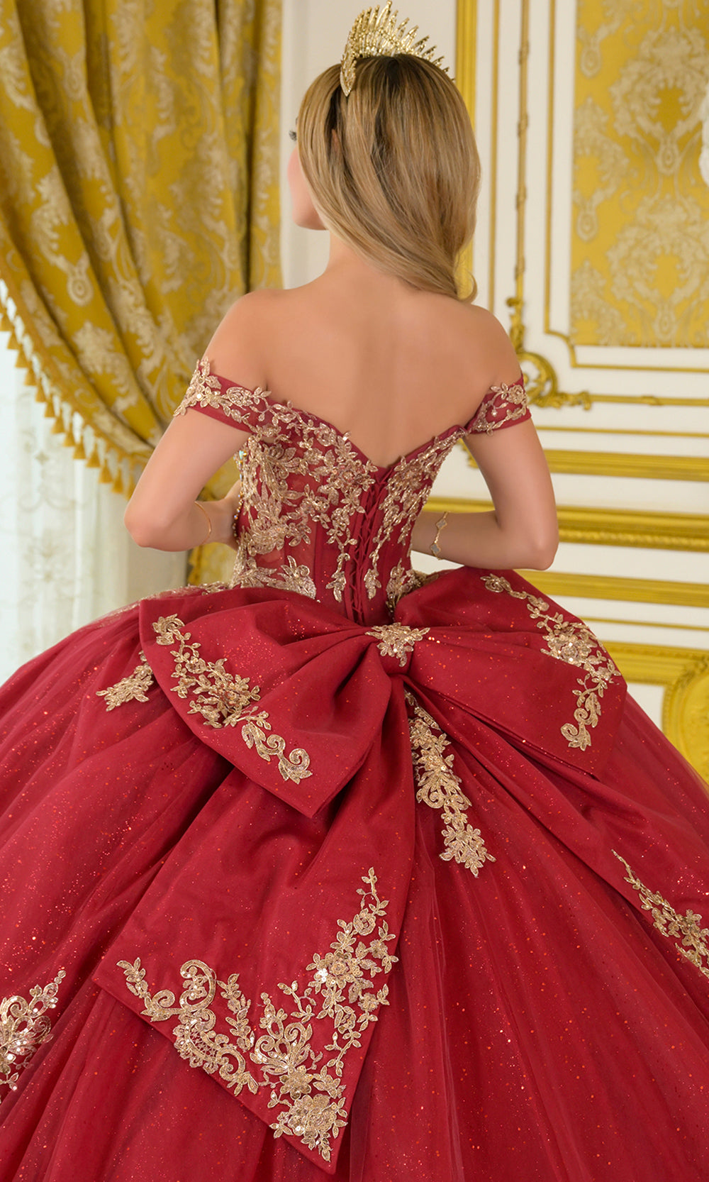 Elizabeth K GL3673 - Illusion Corset Embroidered Applique Ballgown Quinceanera Dresses in Red and Gold
