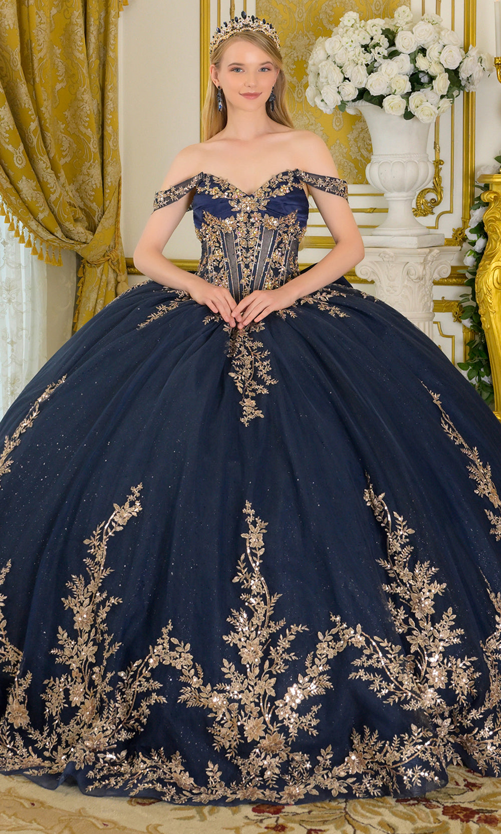 Elizabeth K GL3674 - Embroidered Detachable Off Shoulder Ballgown Quinceanera Dresses in Blue