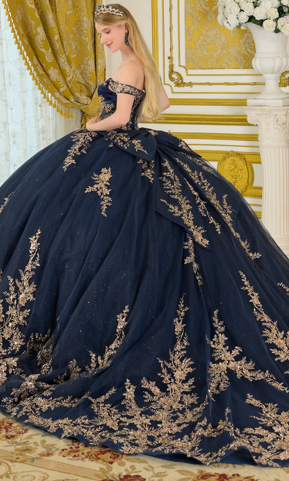 Elizabeth K GL3674 - Embroidered Detachable Off Shoulder Ballgown Quinceanera Dresses in Blue
