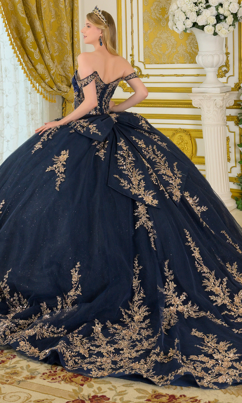 Elizabeth K GL3674 - Embroidered Detachable Off Shoulder Ballgown Quinceanera Dresses in Blue
