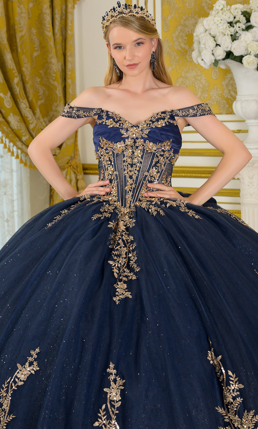 Elizabeth K GL3674 - Embroidered Detachable Off Shoulder Ballgown Quinceanera Dresses in Blue