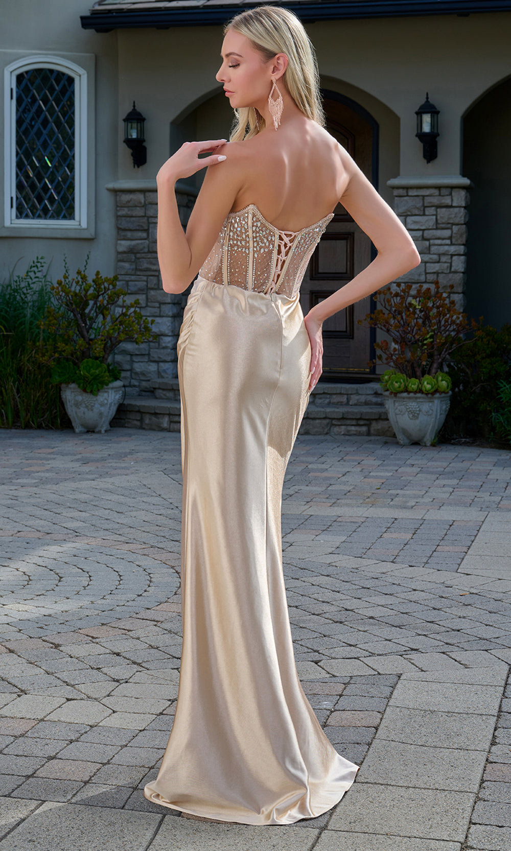 Elizabeth K GL3679 - Strapless Rhinestone Illusion Corset Gown Prom Dresses in Neutral