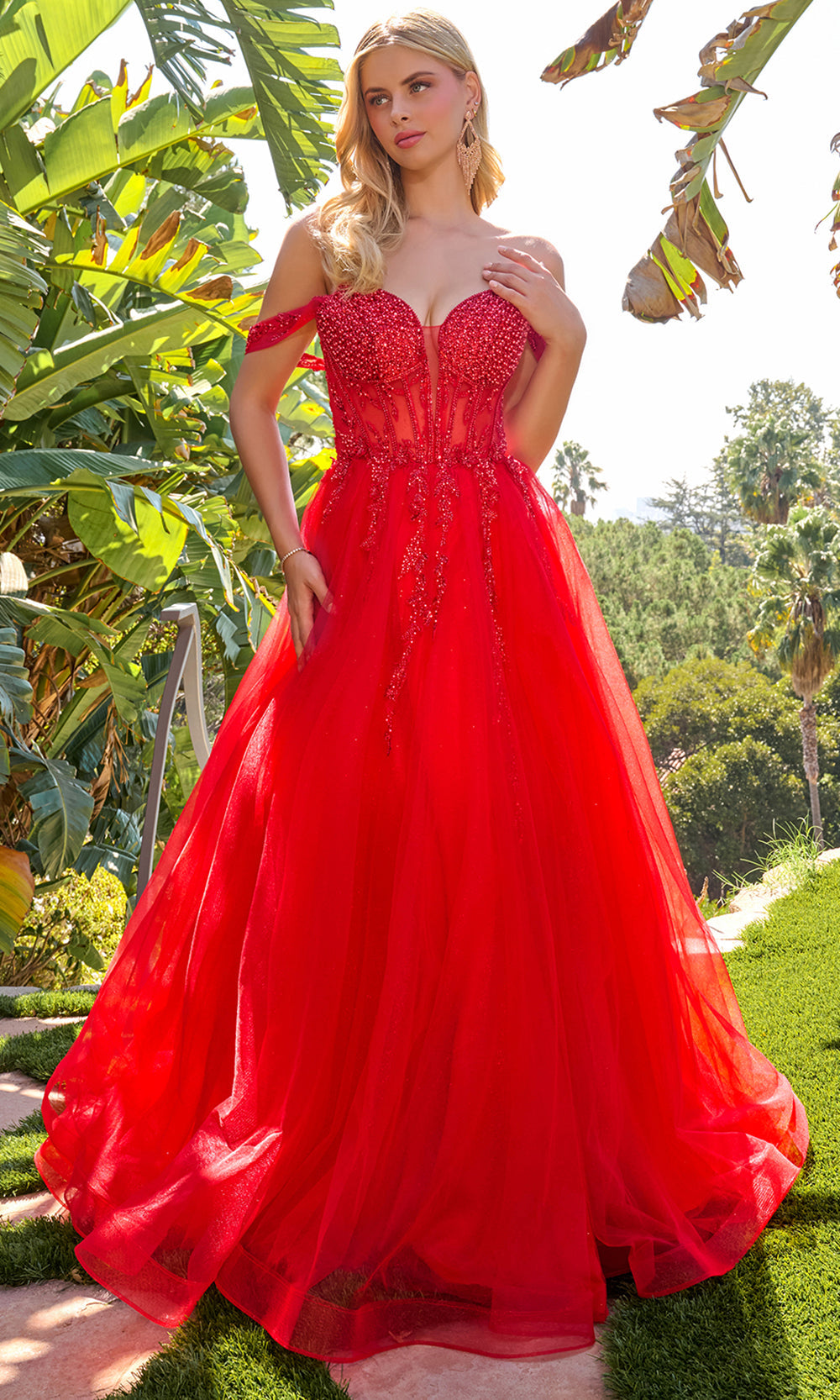 Elizabeth K GL3682 - Layered A-Line Embellished Tulle Gown Prom Dresses in Red