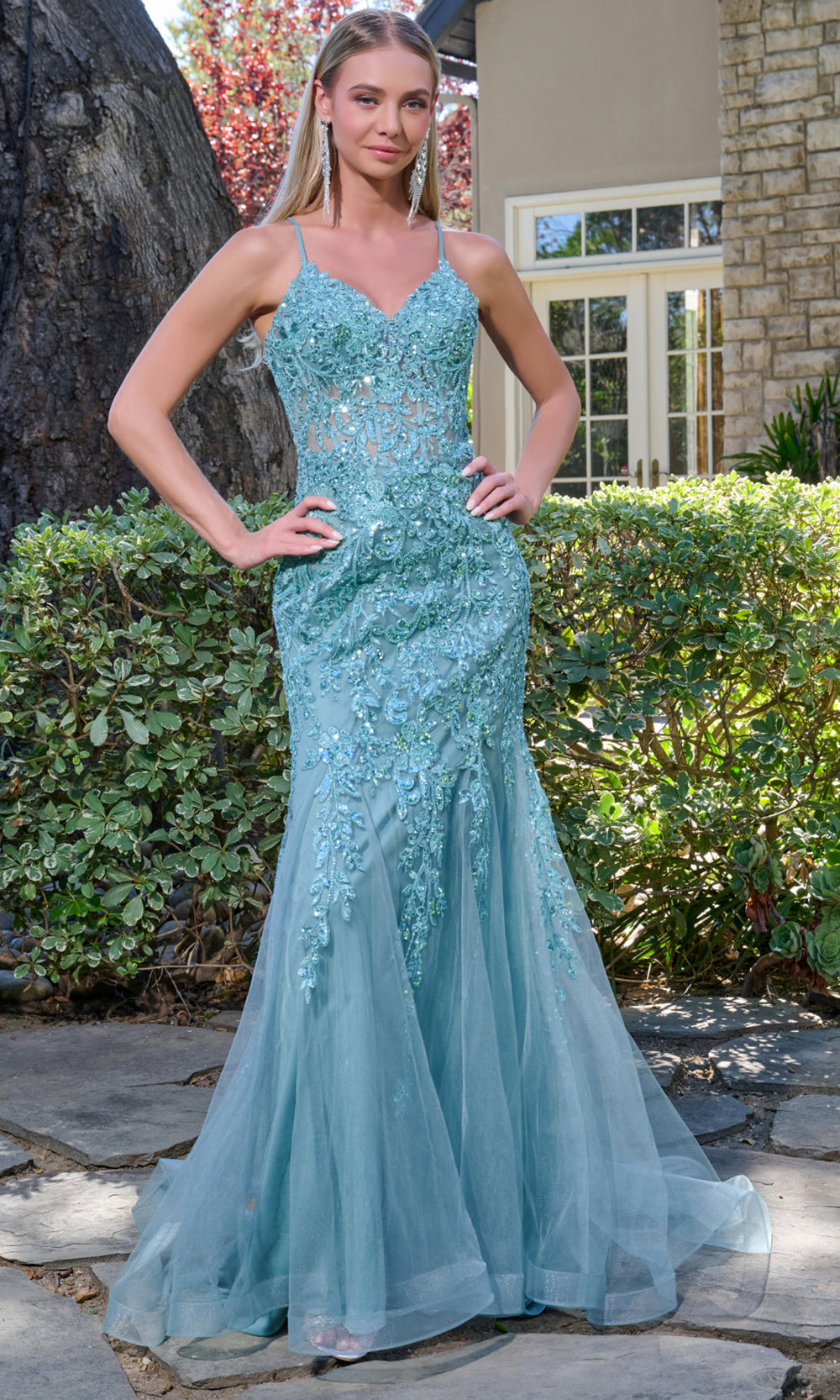 Elizabeth K GL3692 - Beaded Lace Trumpet V-Neck Gown Prom Dresses in Sage