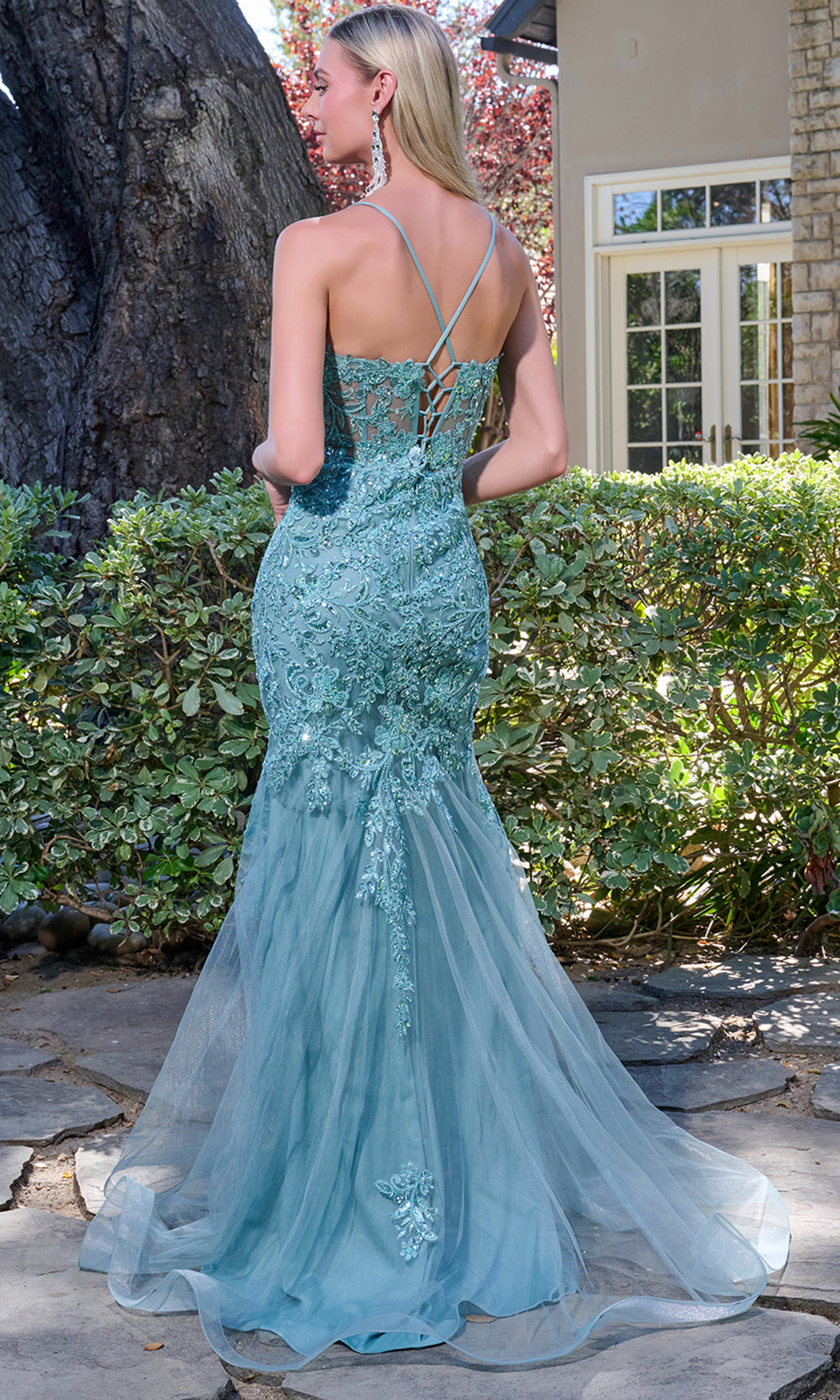 Elizabeth K GL3692 - Beaded Lace Trumpet V-Neck Gown Prom Dresses in Sage