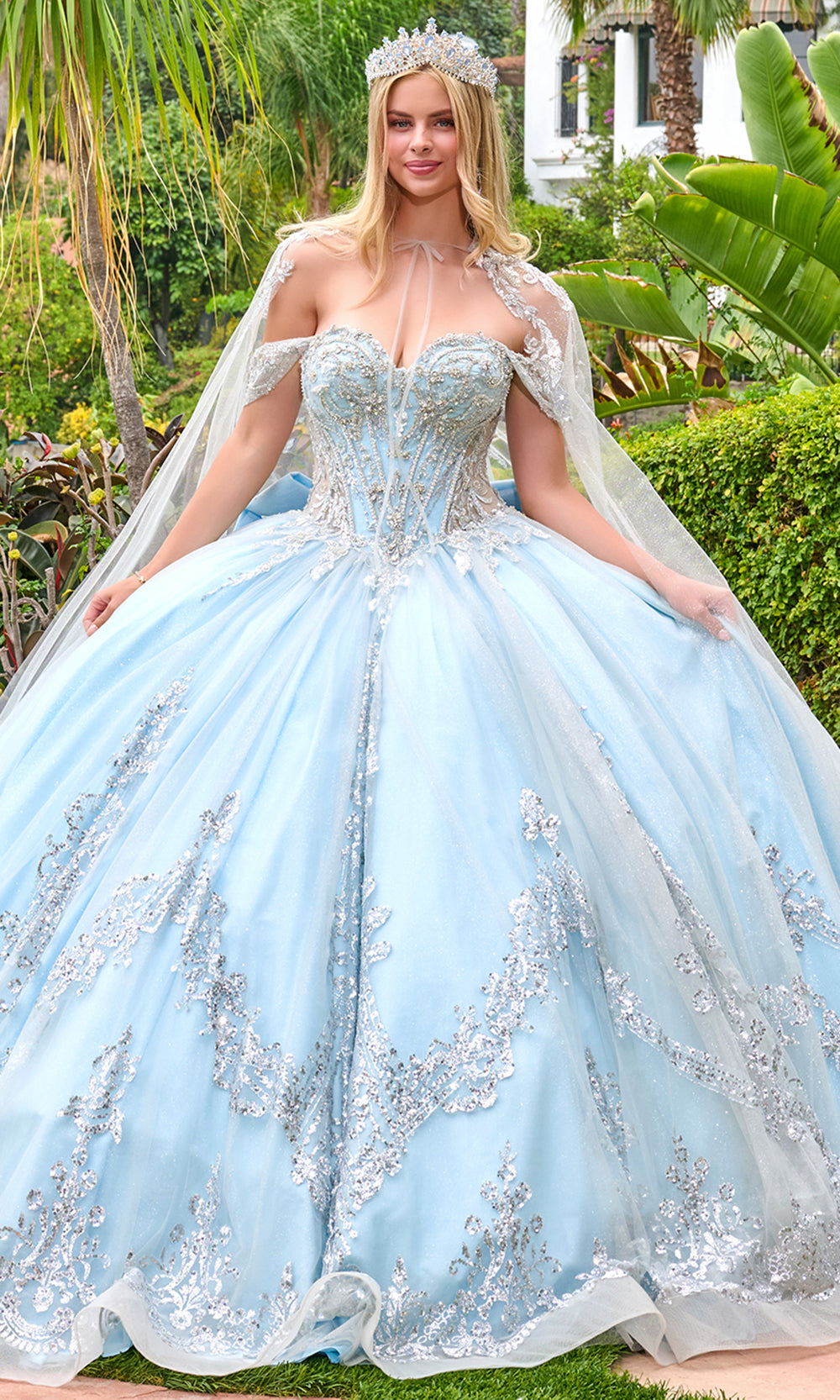 Elizabeth K GL3707 - Beaded Lace Basque Ballgown with Cape Train Quinceanera Dresses in Blue