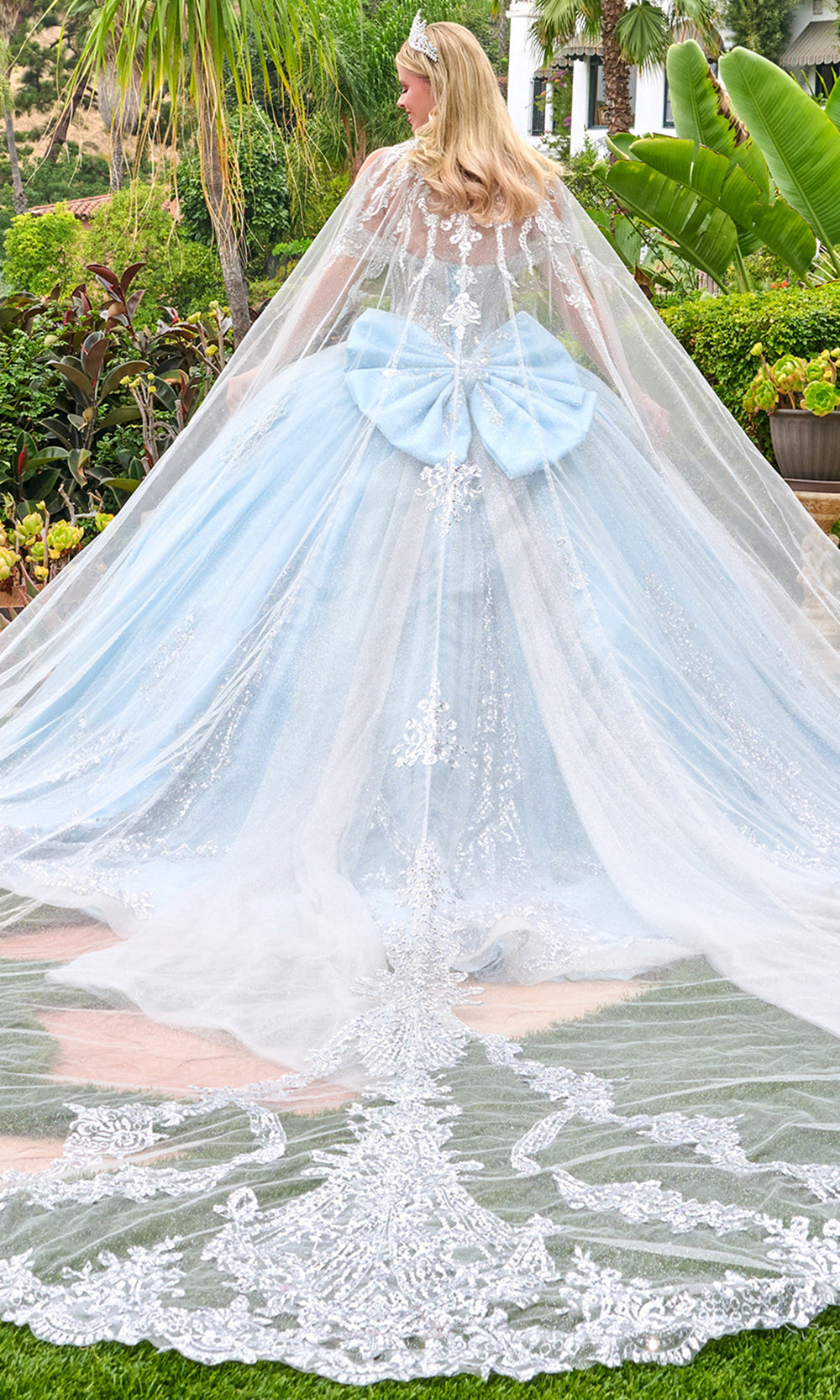 Elizabeth K GL3707 - Beaded Lace Basque Ballgown with Cape Train Quinceanera Dresses in Blue