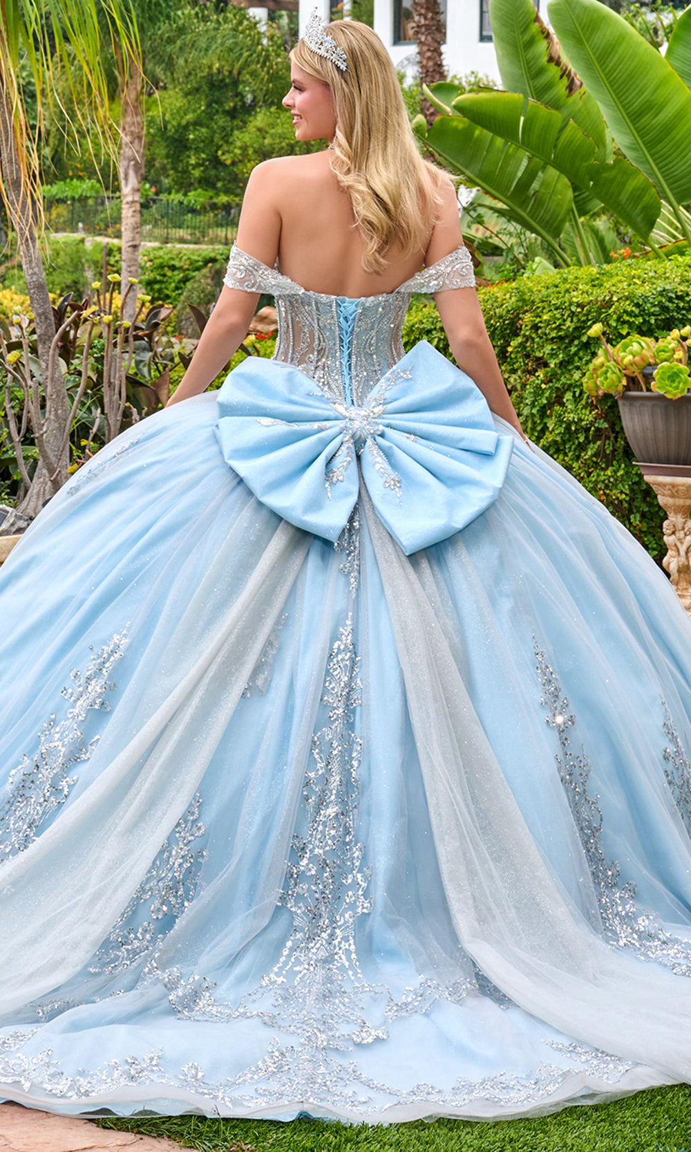 Elizabeth K GL3707 - Beaded Lace Basque Ballgown with Cape Train Quinceanera Dresses in Blue