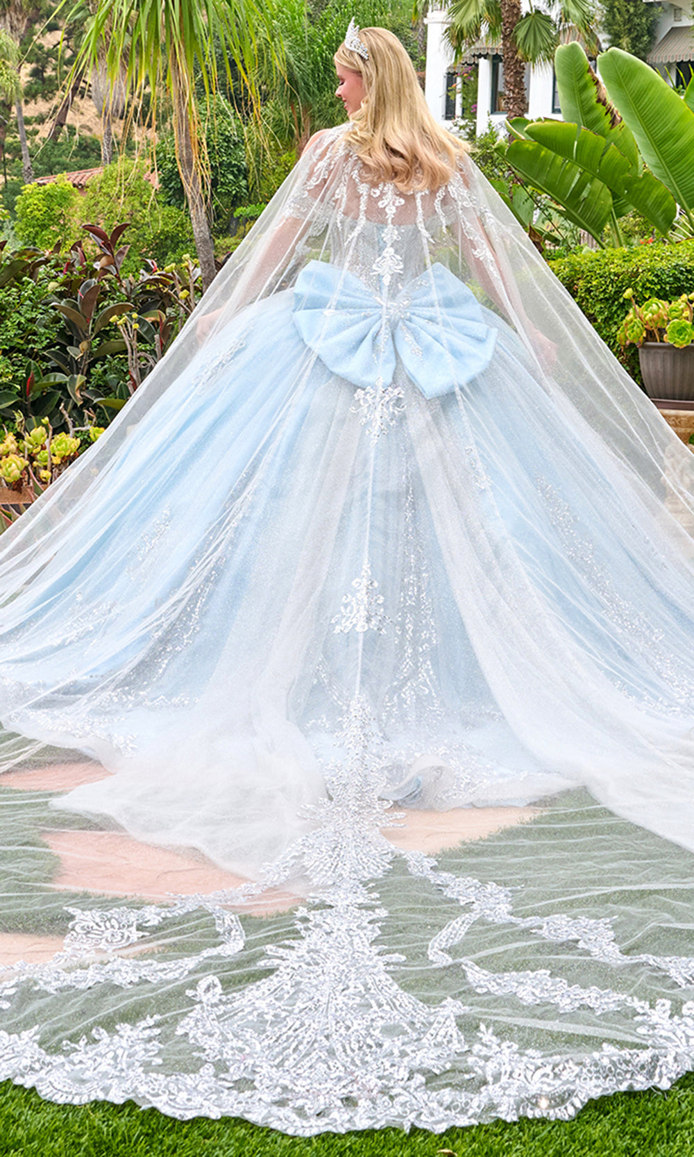 Elizabeth K GL3707 - Beaded Lace Basque Ballgown with Cape Train Quinceanera Dresses in Blue