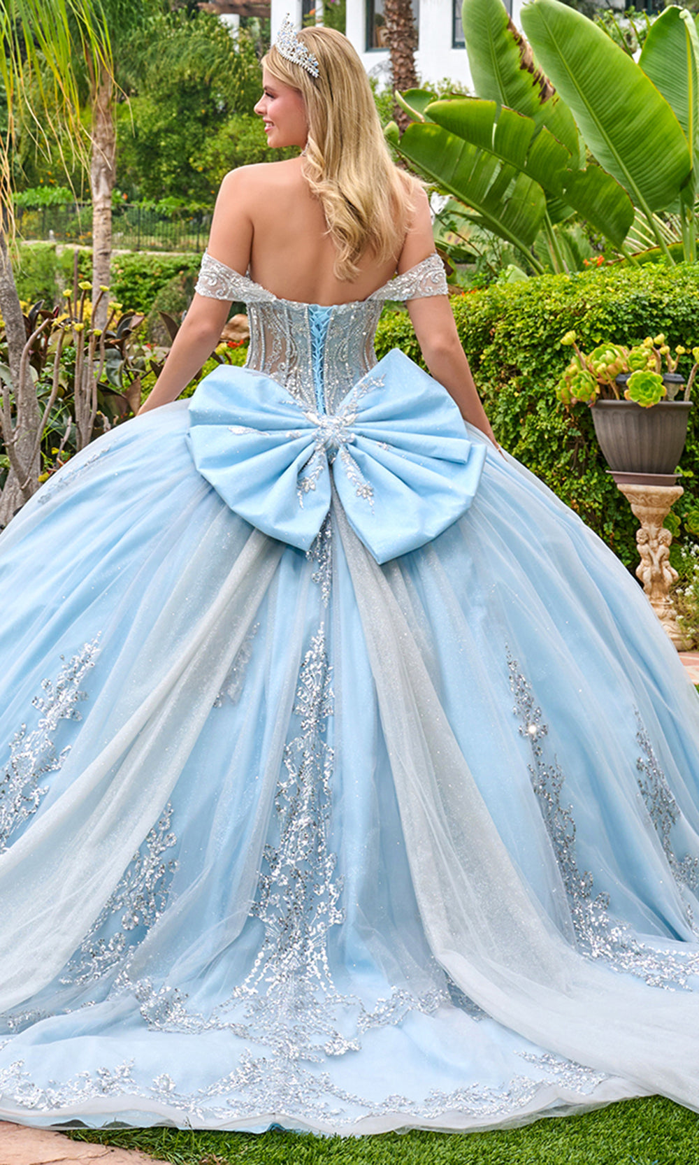 Elizabeth K GL3707 - Beaded Lace Basque Ballgown with Cape Train Quinceanera Dresses in Blue