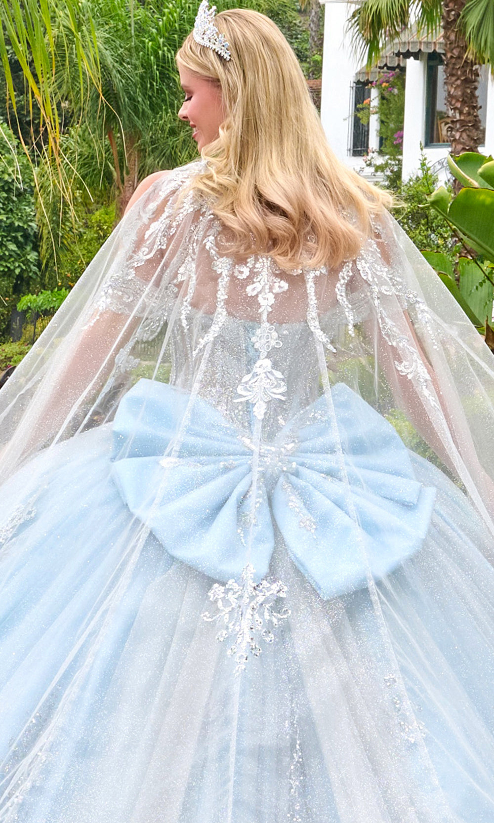 Elizabeth K GL3707 - Beaded Lace Basque Ballgown with Cape Train Quinceanera Dresses in Blue