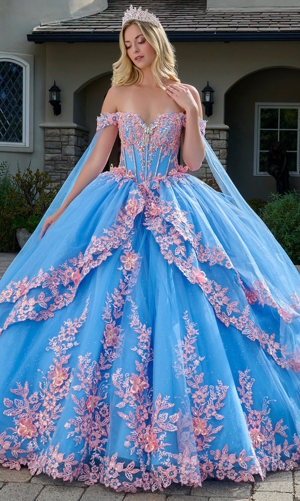 Elizabeth K GL3708 - Cape Sleeve Petal Train Floral Ballgown Quinceanera Dresses in Blue