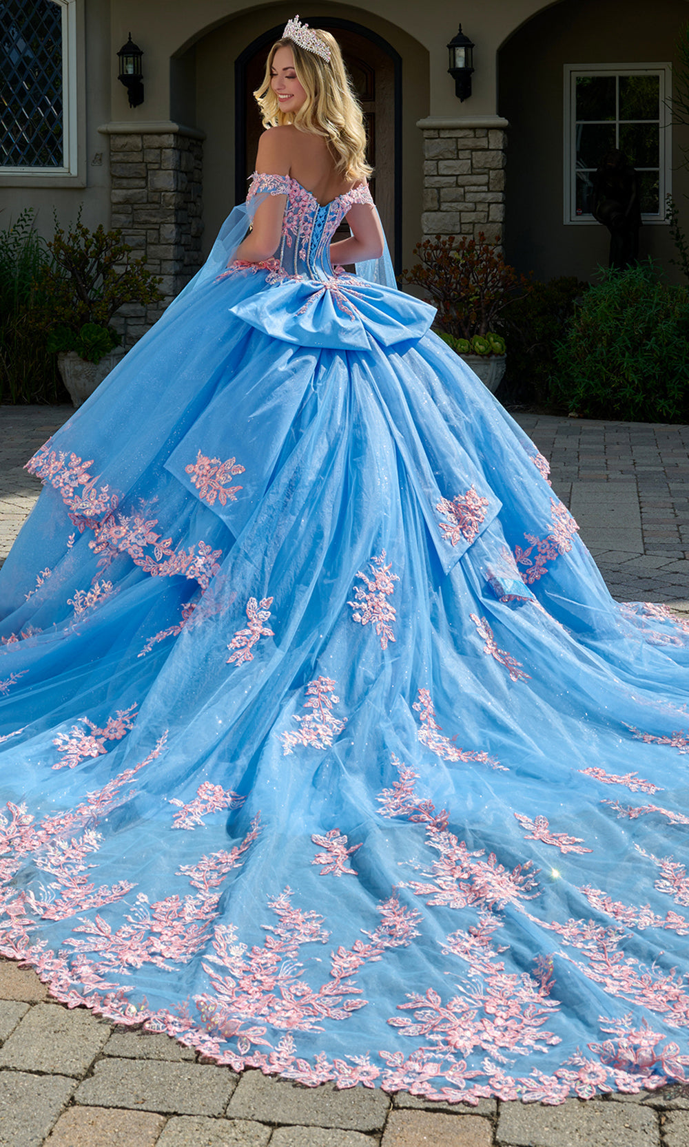 Elizabeth K GL3708 - Cape Sleeve Petal Train Floral Ballgown Quinceanera Dresses in Blue