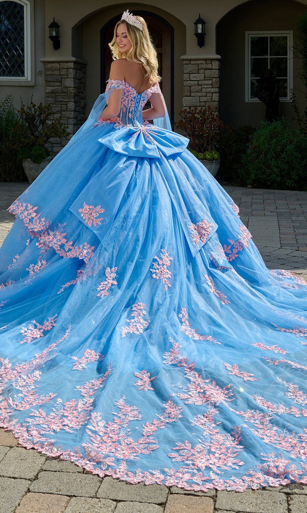 Elizabeth K GL3708 - Cape Sleeve Petal Train Floral Ballgown Quinceanera Dresses in Blue