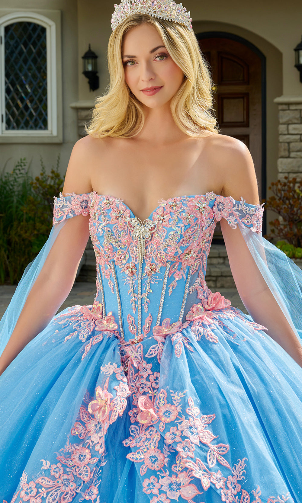 Elizabeth K GL3708 - Cape Sleeve Petal Train Floral Ballgown Quinceanera Dresses in Blue