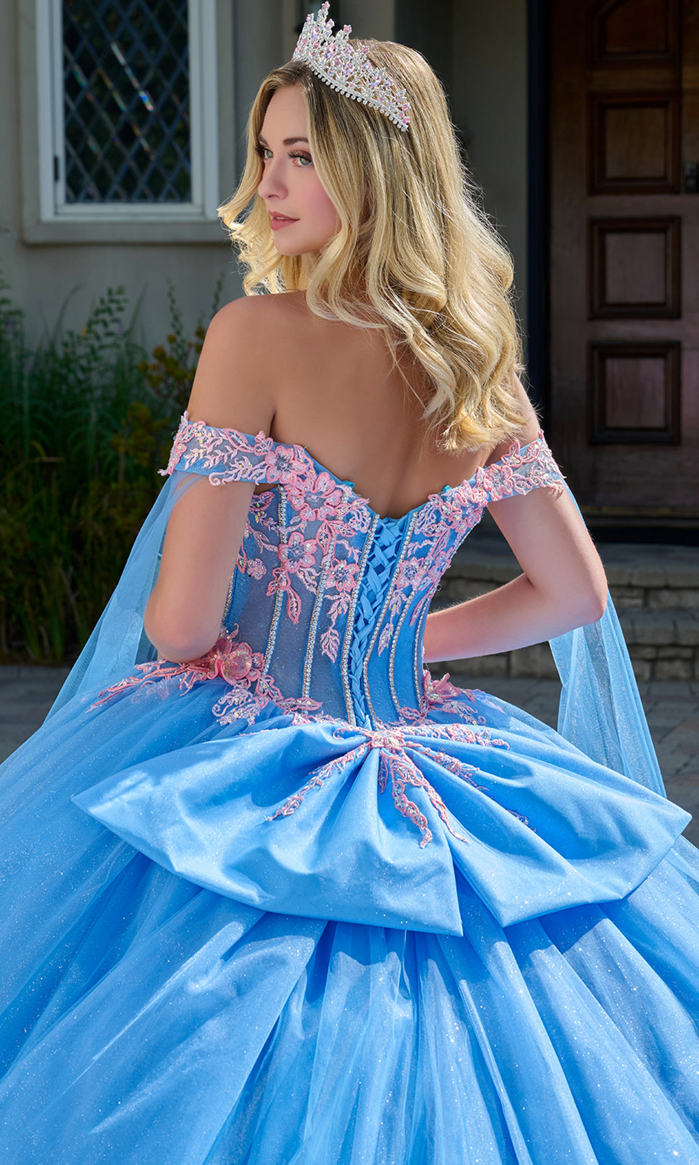 Elizabeth K GL3708 - Cape Sleeve Petal Train Floral Ballgown Quinceanera Dresses in Blue
