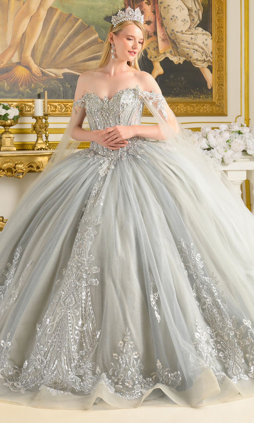 Elizabeth K GL3711 - Statement Off Shoulder Embroidered Gown Quinceanera Dresses in Silver