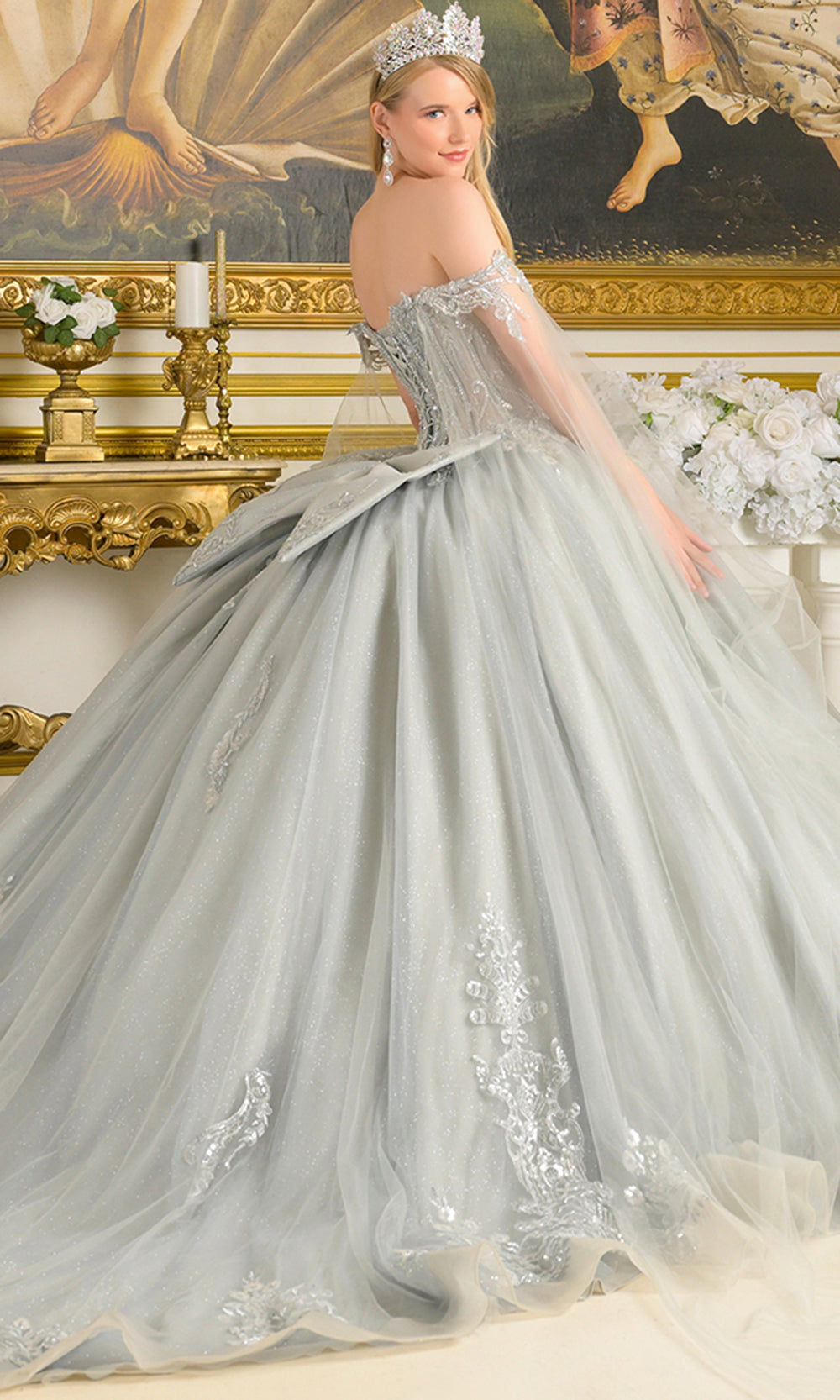 Elizabeth K GL3711 - Statement Off Shoulder Embroidered Gown Quinceanera Dresses in Silver