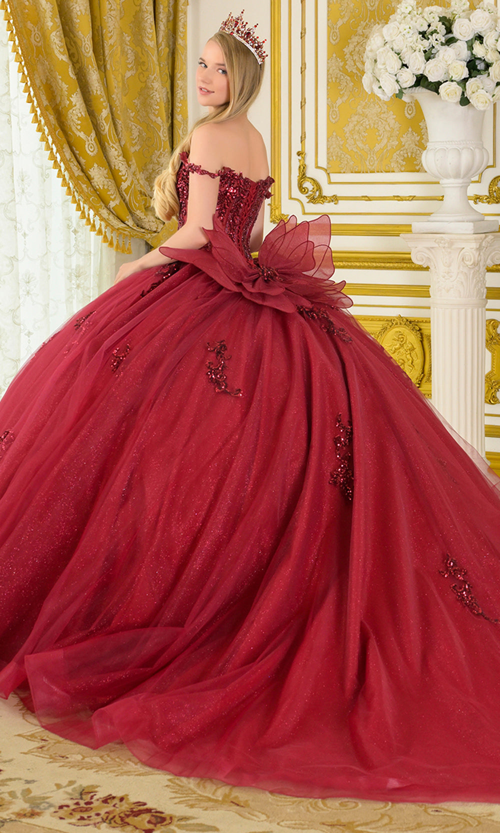 Elizabeth K GL3712 - Beaded Ornate V-Neck Tulle Ballgown Quinceanera Dresses in Red