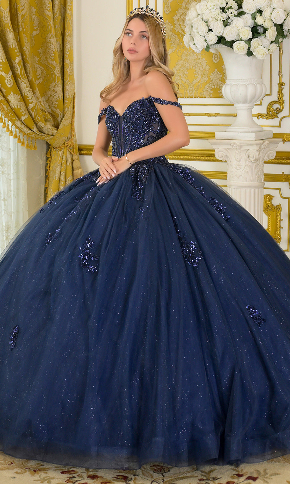 Elizabeth K GL3712 - Beaded Ornate V-Neck Tulle Ballgown Quinceanera Dresses in Blue