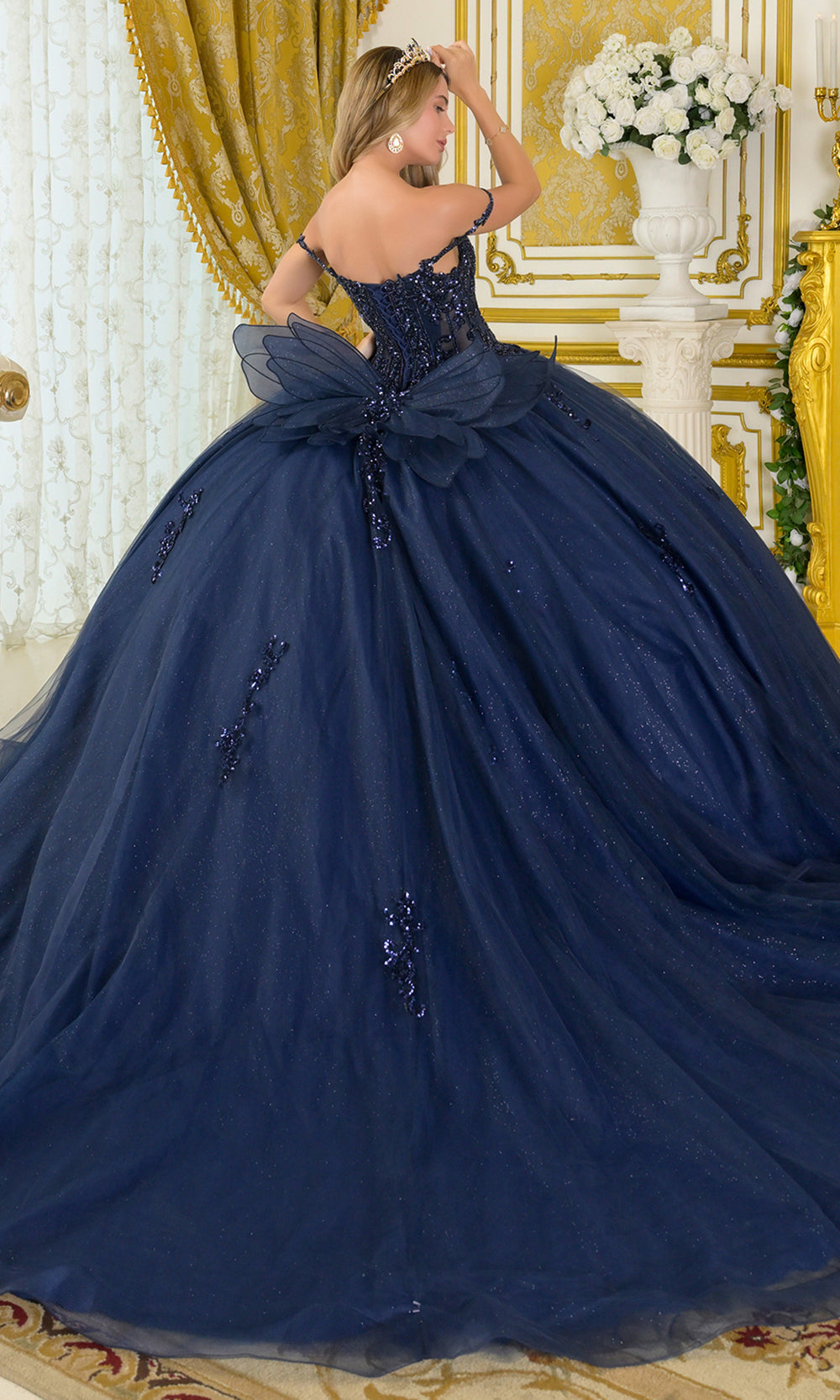 Elizabeth K GL3712 - Beaded Ornate V-Neck Tulle Ballgown Quinceanera Dresses in Blue