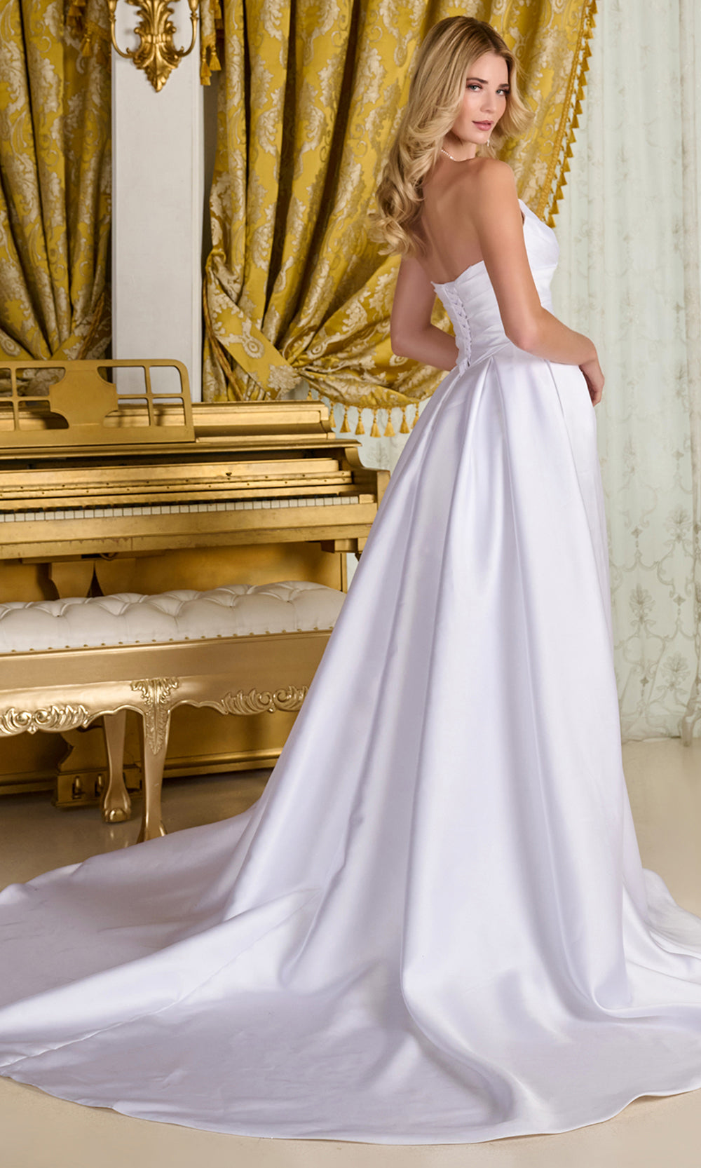 GLS by Gloria Bridal GL3715 - Deep V-Neck High Slit Taffeta Gown Wedding Dresses in White