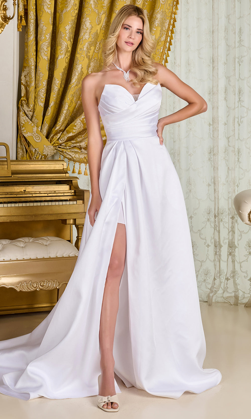 GLS by Gloria Bridal GL3715 - Deep V-Neck High Slit Taffeta Gown Wedding Dresses in White