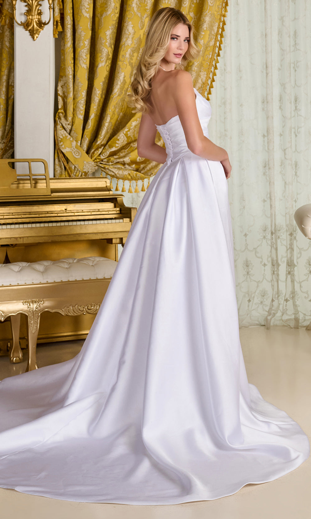 GLS by Gloria Bridal GL3715 - Deep V-Neck High Slit Taffeta Gown Wedding Dresses in White