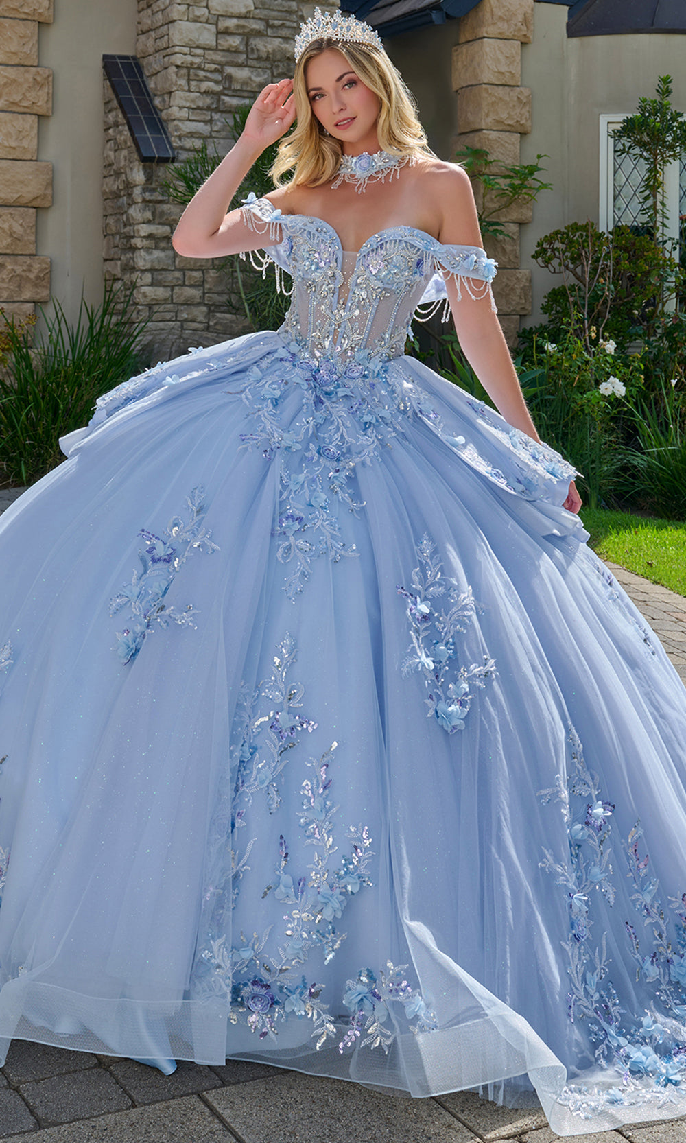 Elizabeth K GL3720 - Layered Ruffle Ballgown with 3D Floral Accent Quinceanera Dresses in Blue