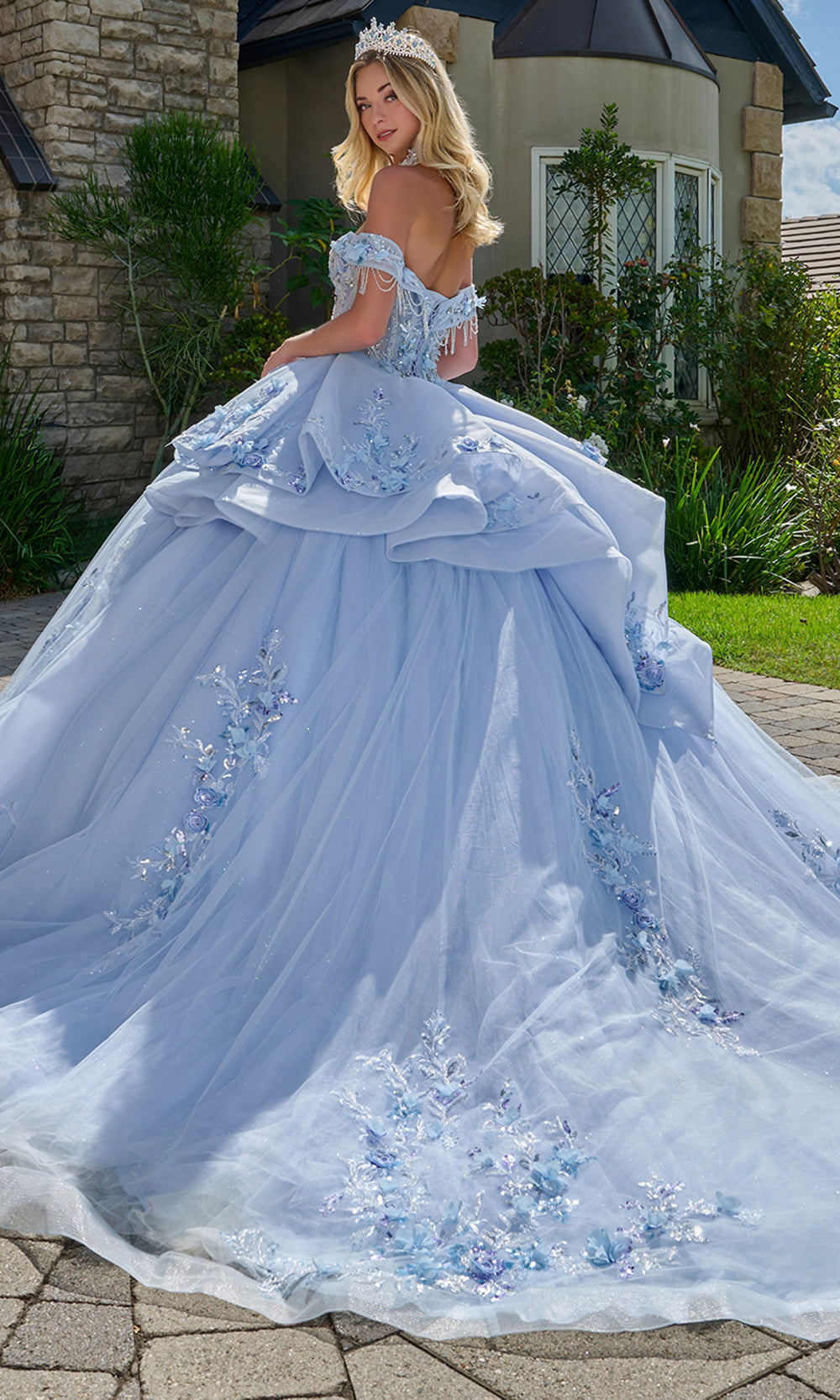 Elizabeth K GL3720 - Layered Ruffle Ballgown with 3D Floral Accent Quinceanera Dresses in Blue