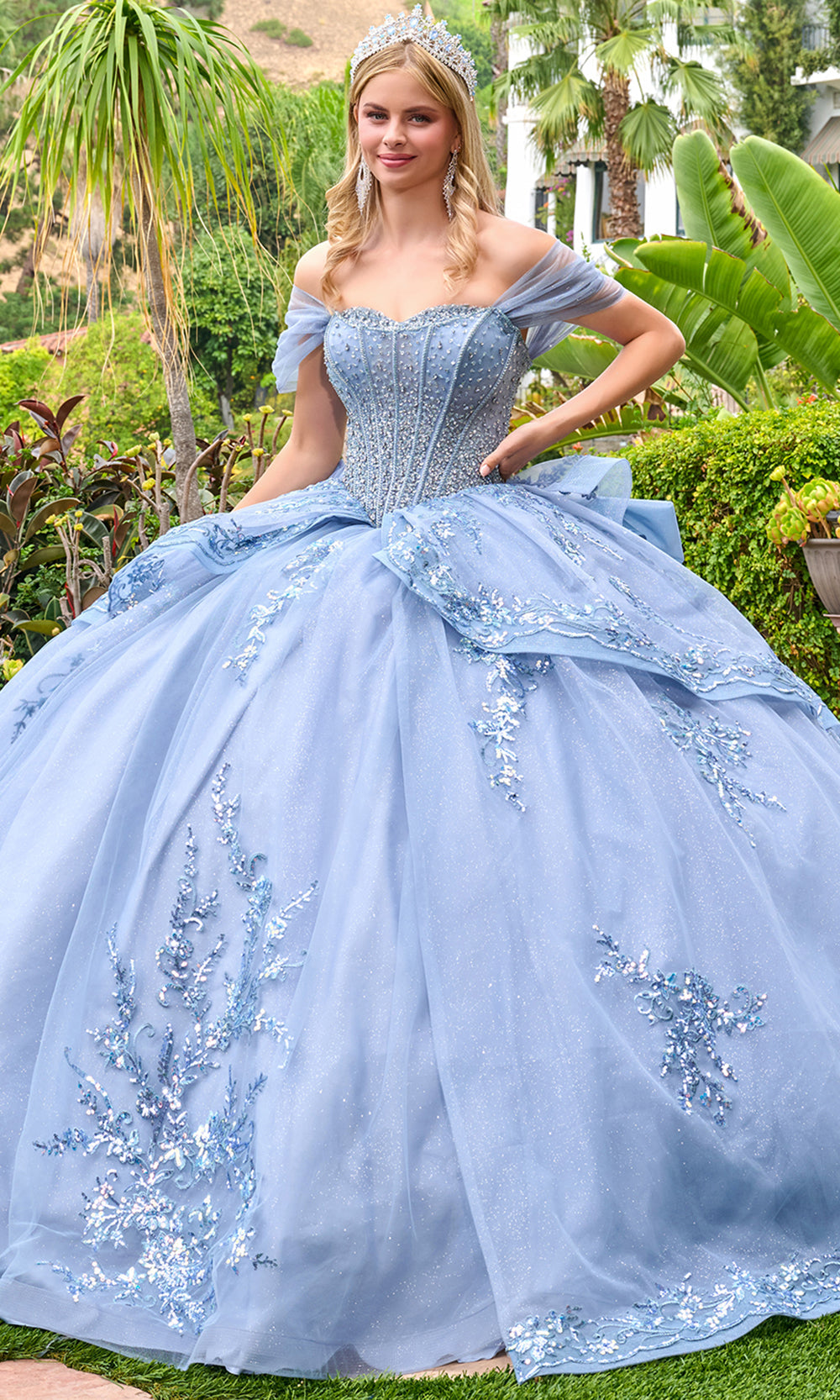 Elizabeth K GL3727 - Sweetheart Neck Layered Gown with Detachable Bow Quinceanera Dresses in Blue
